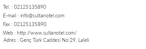 Sultan Hotel Laleli telefon numaralar, faks, e-mail, posta adresi ve iletiim bilgileri